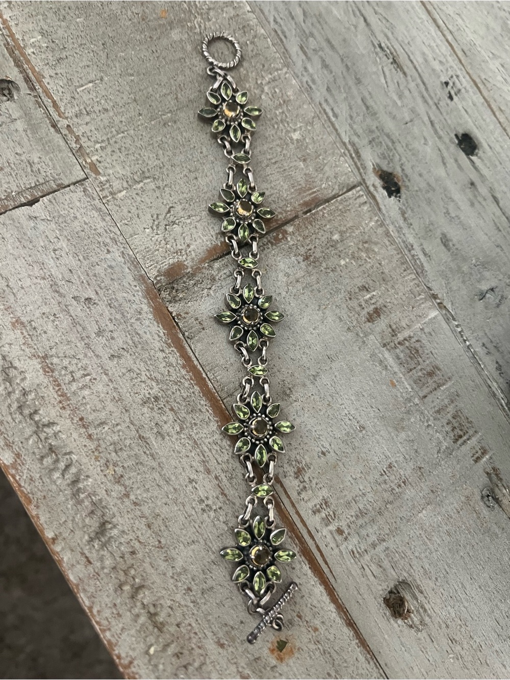 Doug Paulus Vintage 925 Silver Floral Bracelet with Peridot Green Gem Accents